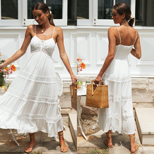 2022 Aliexpress Independent Site New Women's Bohemian Style Suspender Dress Lace Splicing Large Hem Skirt