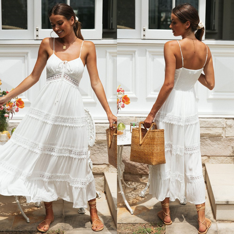 2024 AliExpress Independent Station New Women's Clothing Bohemian Sling Dress Lace Stitching Large Swing Dress