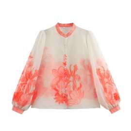 批发2024夏新品欧美风女装印花欧根纱透视长袖大码衬衫