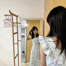 法式大码收腰碎花晕染连衣裙夏季无袖后背性感V领裙子连衣裙