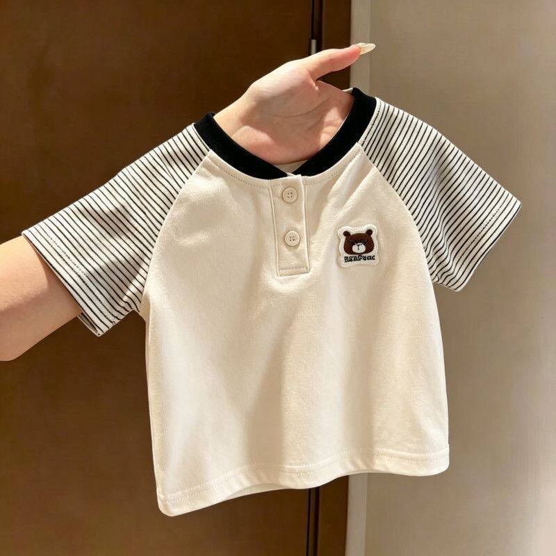 跨境男童polo短袖T恤新款儿童薄款上衣卡通立体刺绣洋气条纹袖宝