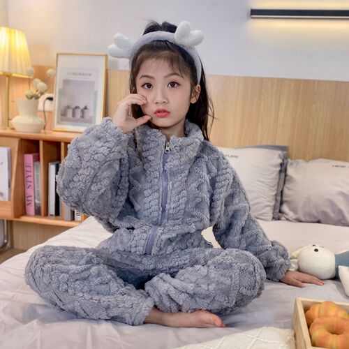Autumn/Winter Kids Thicker French Terry Pajamas for Girls, Baby Korean Style Homecoming Clothes, Coral Fleece