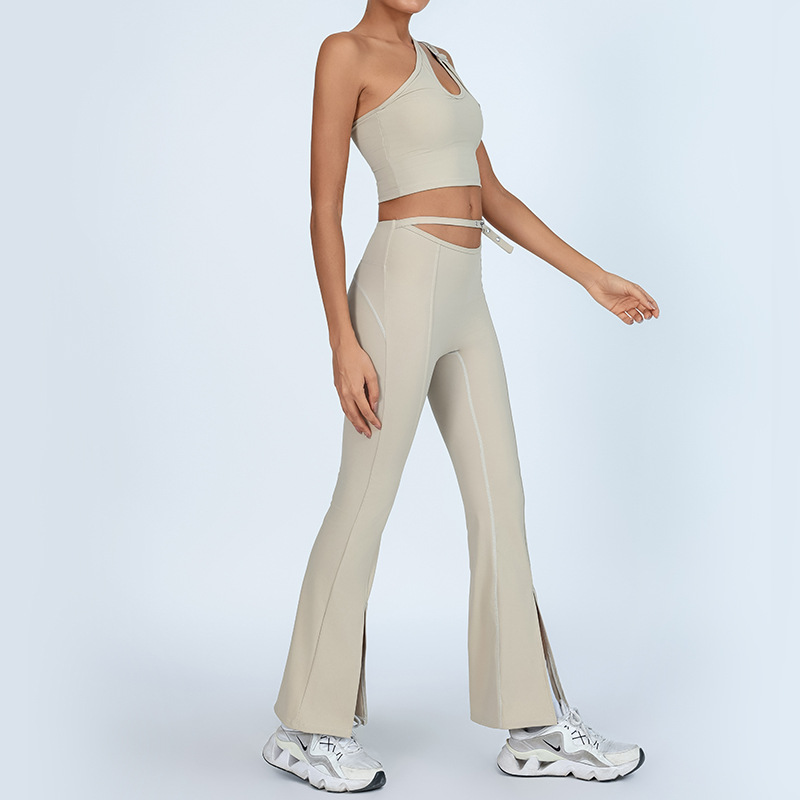 Nuevo traje de yoga con almohadilla para el pecho, chaleco de hombro envuelto en el pecho, cintura alta, levantamiento de cadera, ejercicio, fitness, pantalones de cuerno dividido