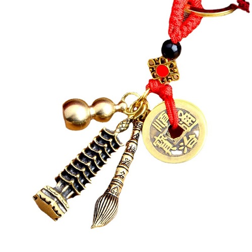 Pure Brass Five Emperors Money Keychain Pendant Gold List Title Wenchang Pen Retro Style Nine-Story Tower Wenchang Tower Pendant Chain
