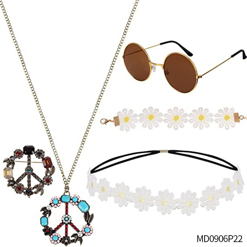 Accesorios de vestir hippies de la década de 1960, diadema de girasol, gafas redondas, conjunto de aretes de collar de talismán de paz