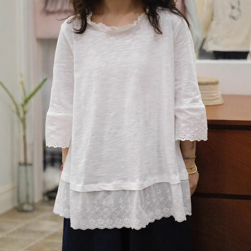 Spring Japanese solid color lace long-sleeve with a round collar