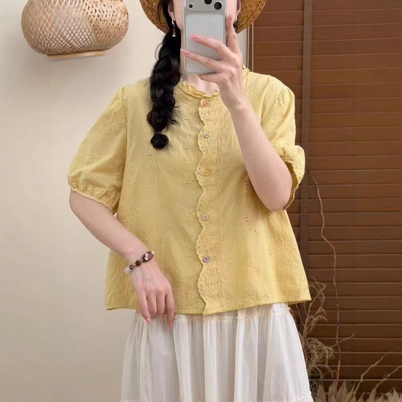 2026 Summer Short-Sleeve Women's Lace Patchwork Embroidered Thin Skin-Friendly Shirt with Colorful Buttons Blouse Top 2026 Summer Short-Sleeve Women's Lace Patchwork Embroidered Thin Skin-Friendly Shirt with Colorful Buttons Blouse Top