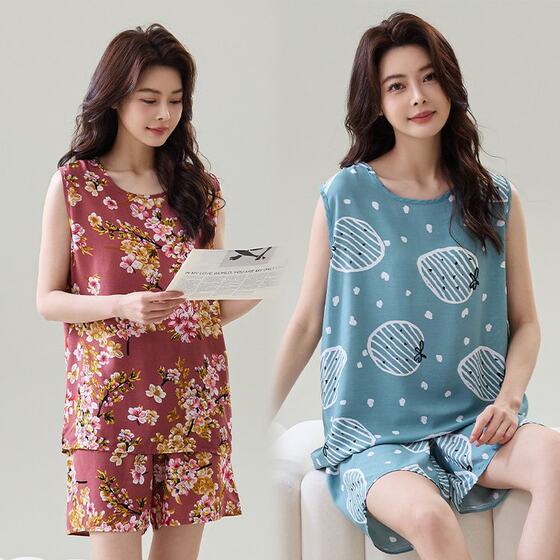 Mother's Cotton Silk Pajamas Women's Sleeveless Vest Top Summer Thin plus size Middle-aged and Elderly Women's Clothing Artificial Cotton Two-piece Set
