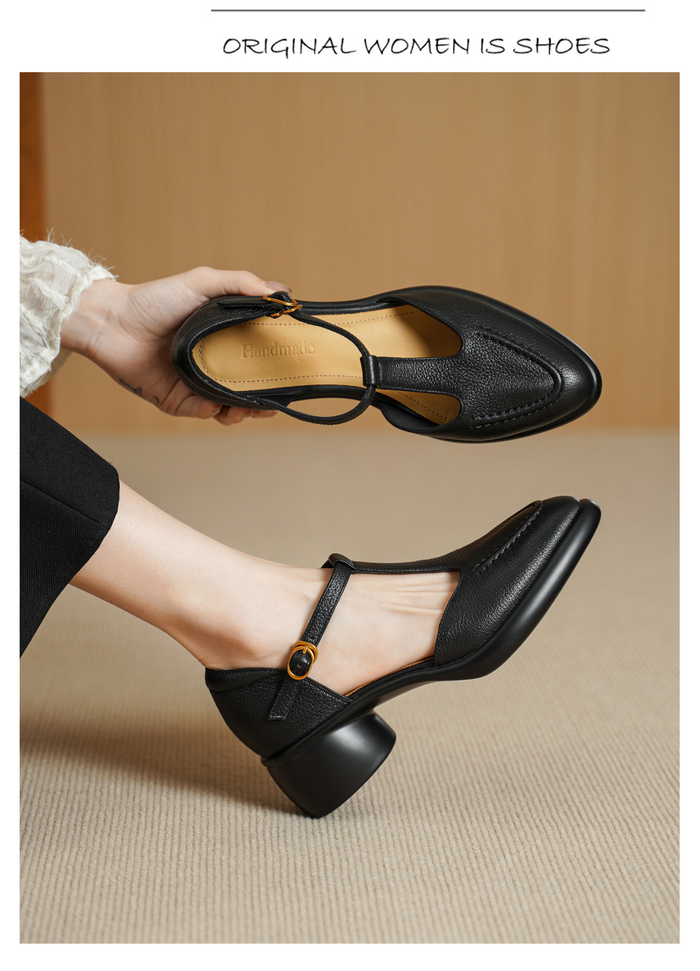 Sandal nữ quai chữ T gót vuông 5 cm mũi kín hở gót phong cách vintage — đen chi tiết 6