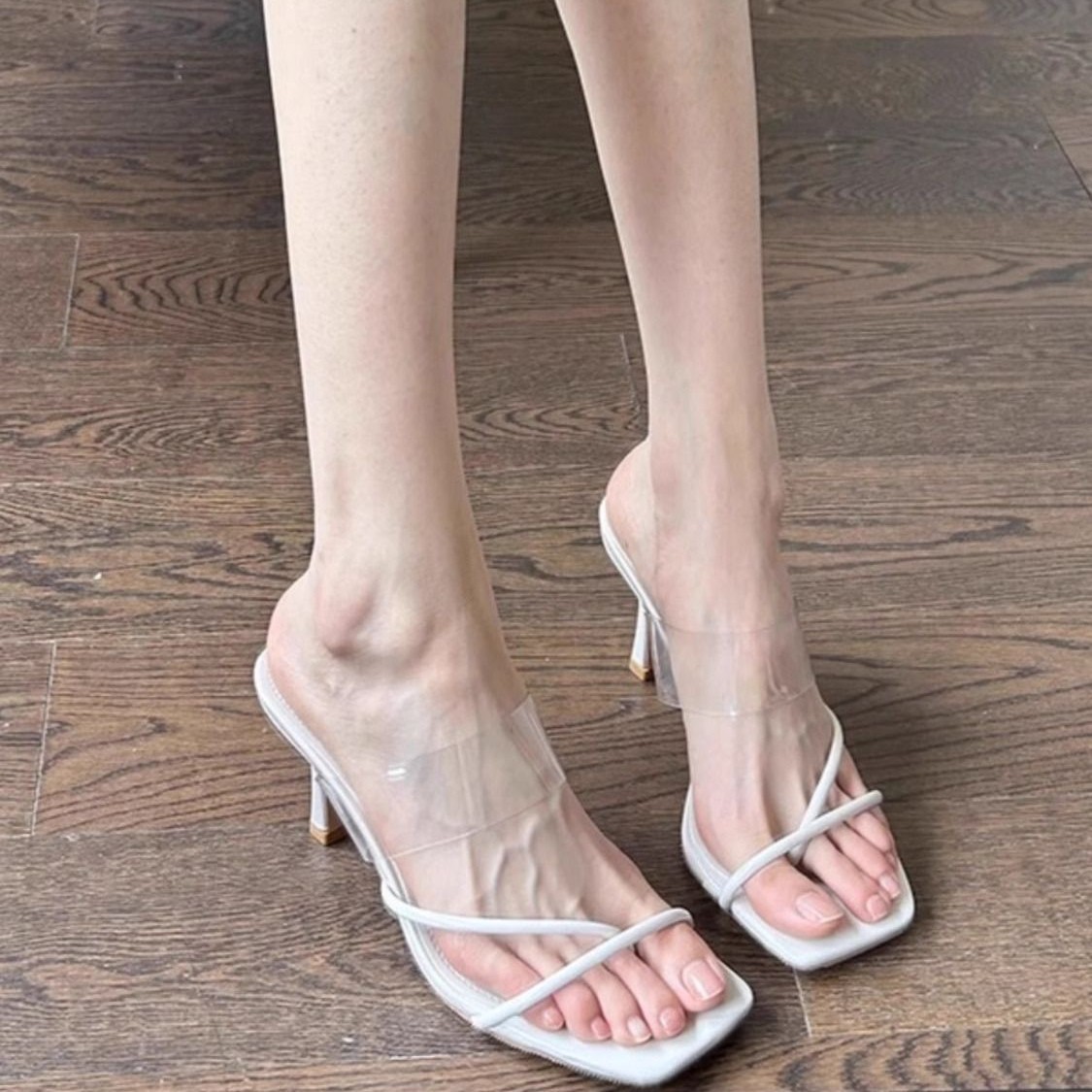 High-end Nude High-heeled Shoes Stiletto Heel Cross Strap Women's Shoes 2024 Summer New Thong Strap Transparent Sandals