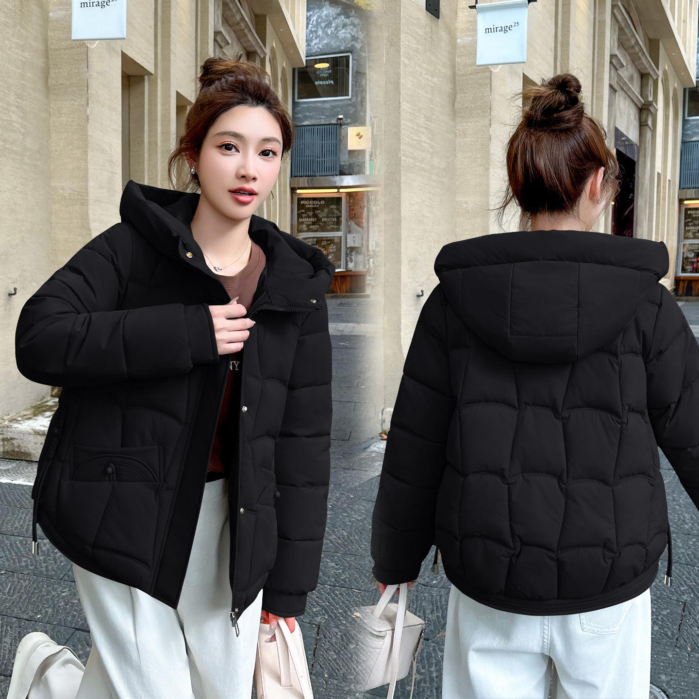 2025 otoño y invierno damas algodón plumón chaqueta coreana con sombrero grueso abrigo caliente de cuello pequeño chaqueta de algodón image 3