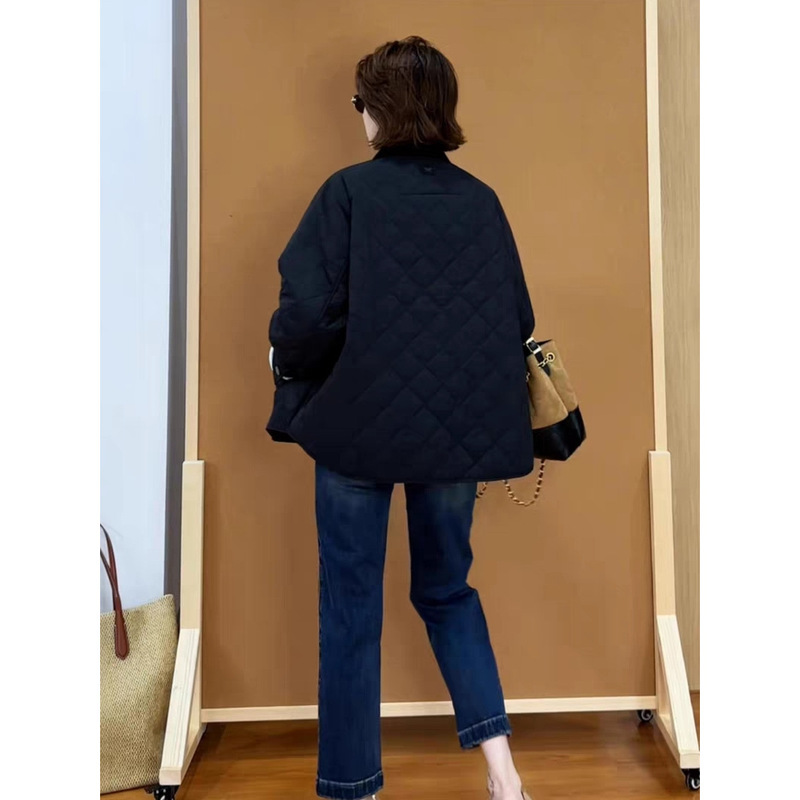 韩版翻领菱格棉服外套女2025秋季新款宽松休闲小个子夹棉轻薄棉衣|undefined