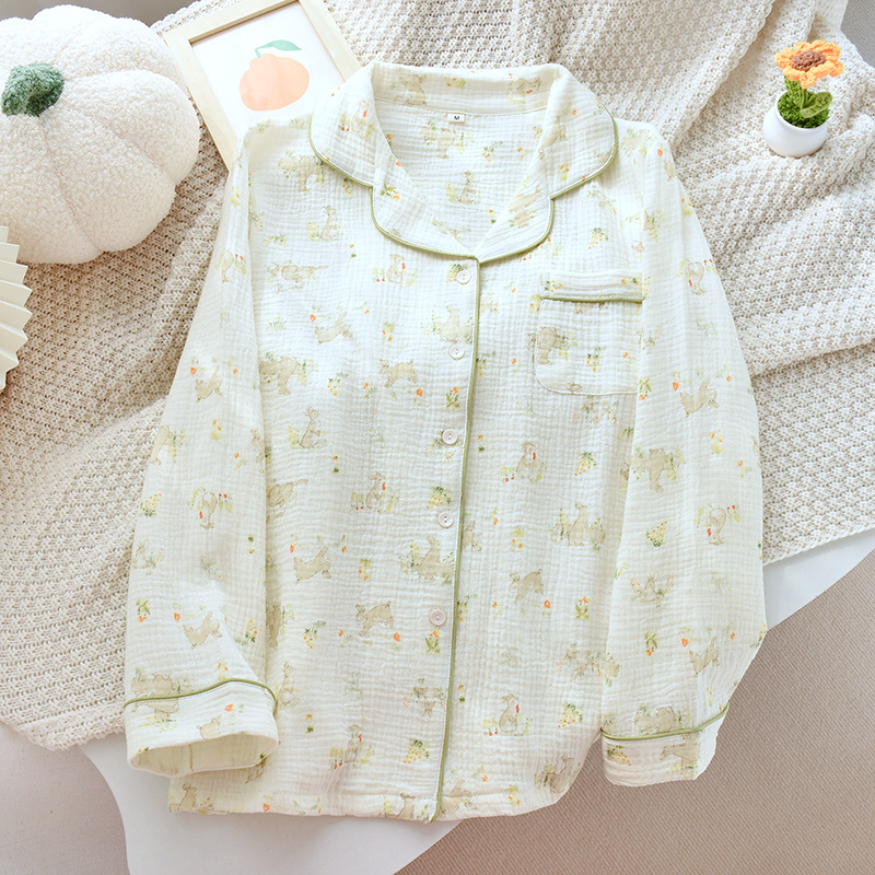 여성용 순면 홈웨어 탑, 봄, 가을 얇은 거즈 긴팔 가디건, 프린트 라펠 잠옷, 루즈하고 캐주얼