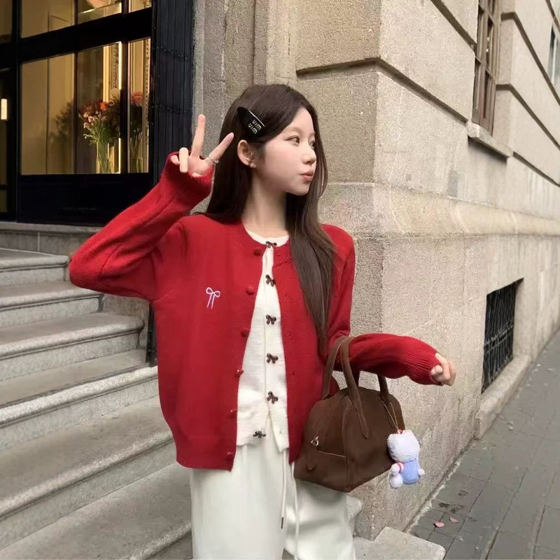 Sweet Bowknot Embroidery Faux Two-Piece Contrast Color Knit Cardigan, New Spring/Autumn Style, Youthful Layering Top