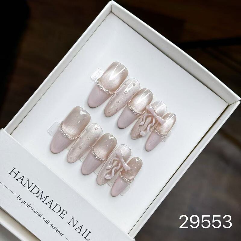 【純手作りのつけ爪29-32】ロングフレンチキャットアイパッチ付け爪、取り外し可能なネイルアートコレクション|undefined