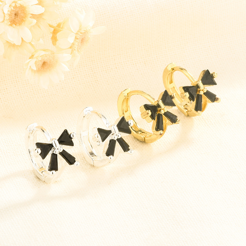 Black Diamond Three-dimensional Bow Ring Women's Korean-style ns Cold Sweet Cool Style Zircon Earrings Korean Style Internet Celebrity Elegant Earrings