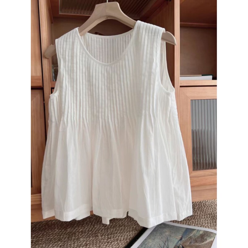 White Linen Sleeveless Shirt Vest for Women Summer Forest Style Niche Design Pleated Round Neck Cotton and Linen Waistcoat Top