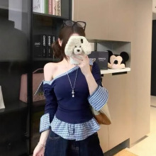 韩系设计感斜肩收腰格纹假两件长袖t恤女秋季好看绝美内搭上衣潮