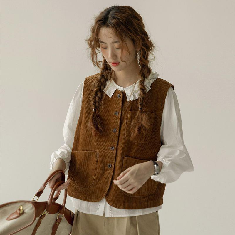 French Corduroy Vest for Women, 2024 Autumn/Winter New Retro Sleeveless Top, Student Outerwear, Cardigan