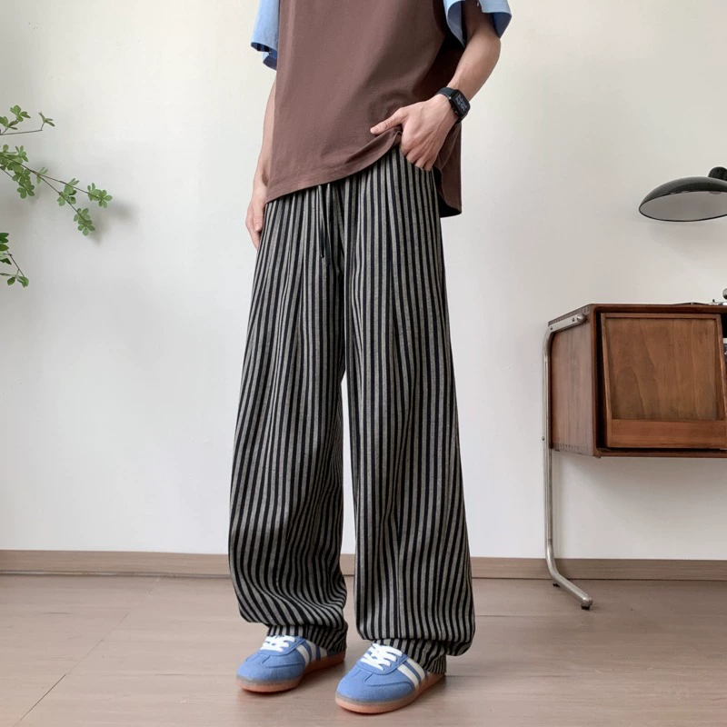 Непринужденные повседневные брюки в вертикальную полоску в американском стиле для мужчин и женщин, летние прямые брюки с драпировкой в ​​стиле ленивости, широкие брюки длиной до пола.