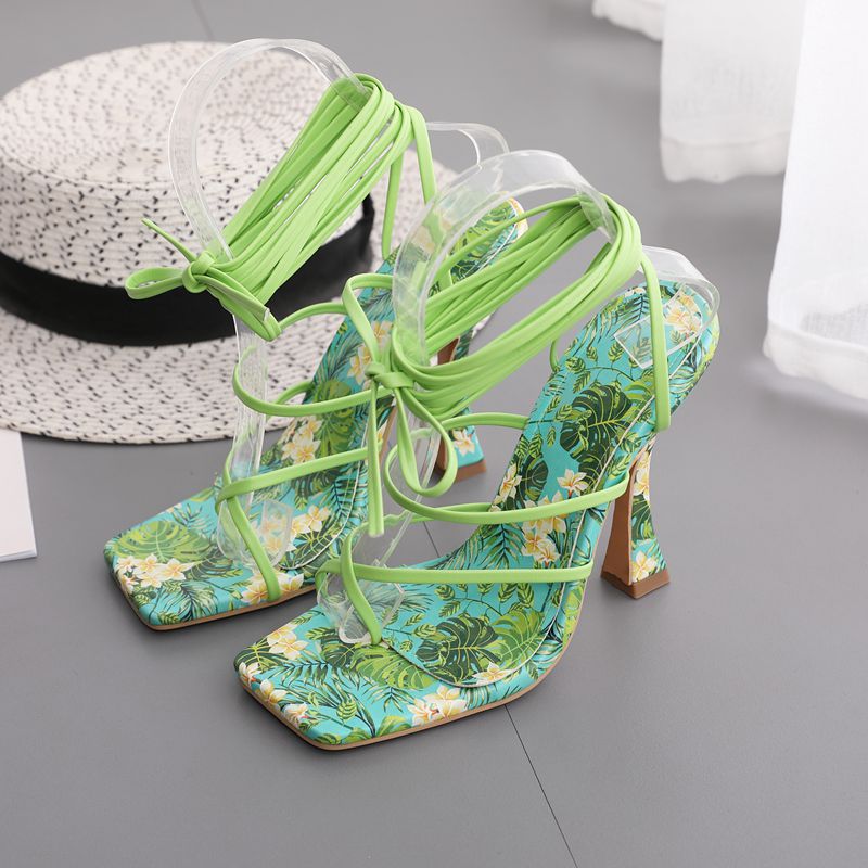 printed square toe straps open toe high heel sandals NSGXL117327