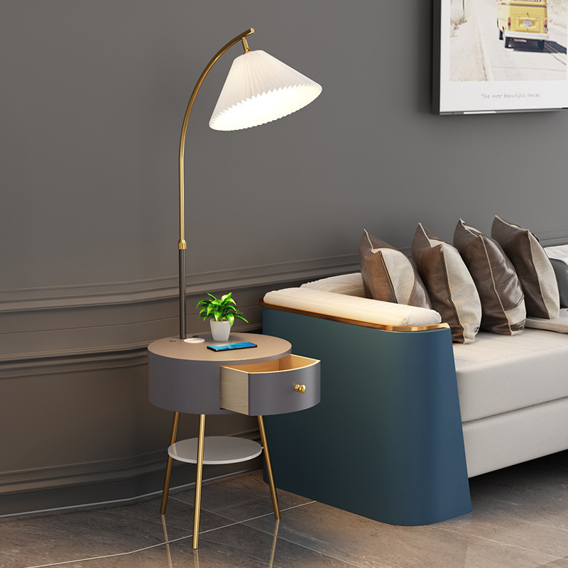 Floor Lamp Living Room Sofa Side Light Luxury Design Pleated Bedroom Bedside Table Integrated Storage Rack Double-Layer Table Lamp