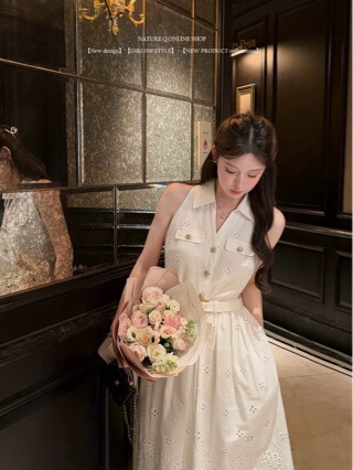 Yang Xiaojuan Cotton Hollow Embroidery French Style Elegant White Shirt Dress Women's Summer Long Dress
