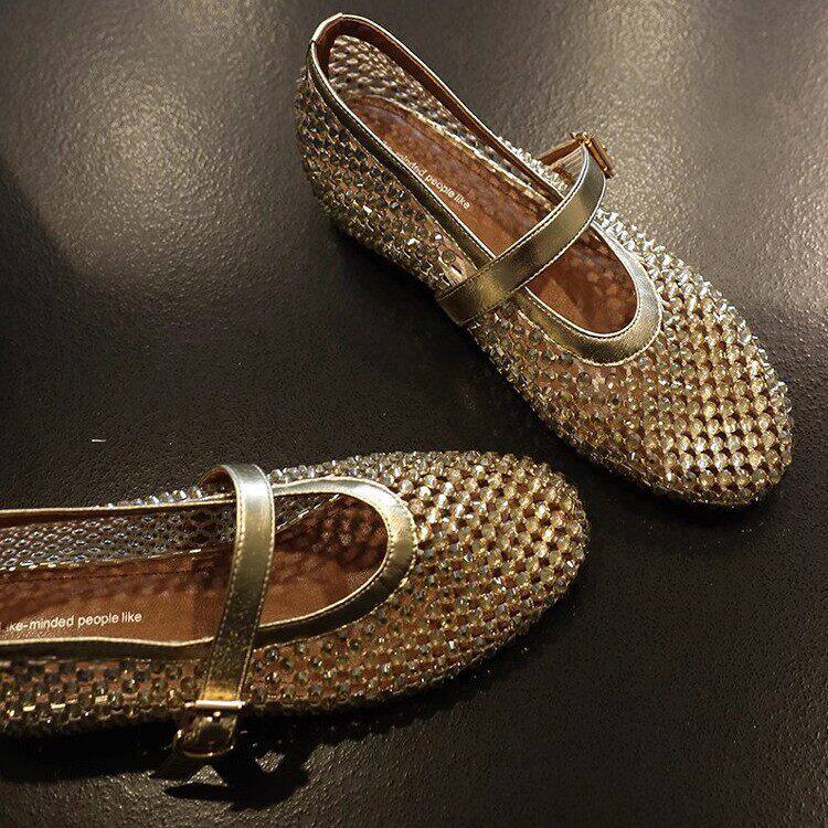 Giày búp bê Mary Jane nữ đế bằng tăng chiều cao 4 cm, mũi tròn, đính đá lấp lánh, quai khóa cài — Màu bạc, màu vàng kim, màu đen chi tiết 10