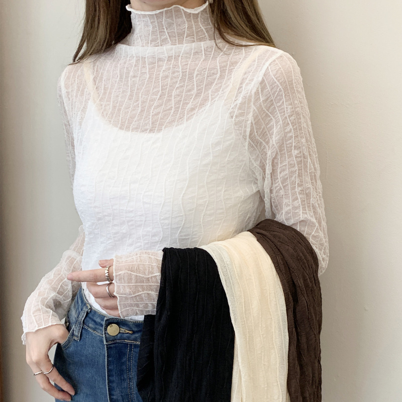 High Collar Lace Base Shirt Women's Foreign Style Small Shirt Early Autumn 2024 New Gauze Transparent Mesh Top