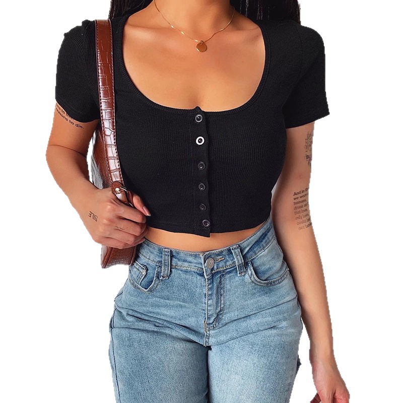 Camiseta de hombro blanca Verano de manga corta para mujer Nuevo ins SLIM-Fit adelgazar recortada chica caliente cuello cuadrado cardigan top image 6