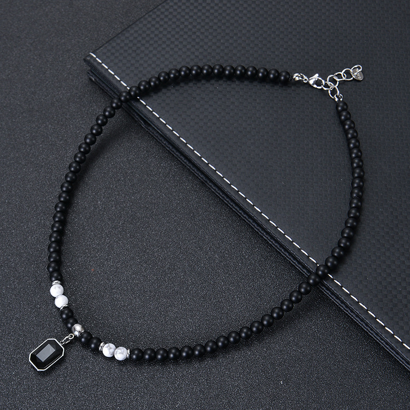 Map stone, Frosted Stone Chain Material Beaded Chain Chain Type Hip-Hop Geometric Natural Stone Titanium Steel Unisex Necklace Men Beaded Necklaces