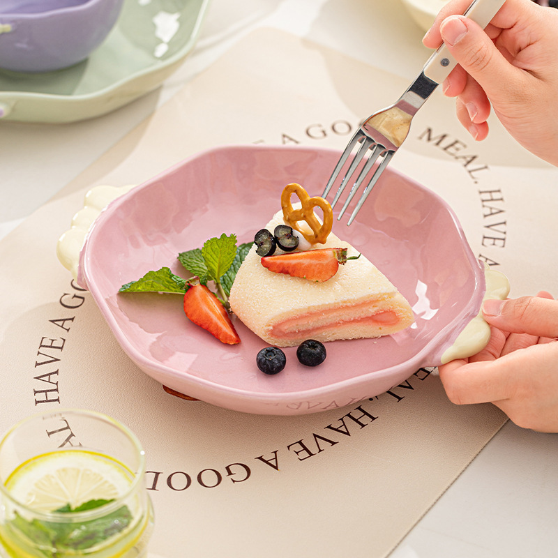 Trendy Plates with Instagram-Worthy Color Glaze, Ceramic Tableware, High Aesthetic Value, Household Bowls, Double-Handle Plates, Dessert Plates, Pasta Plates, Dinner Plates