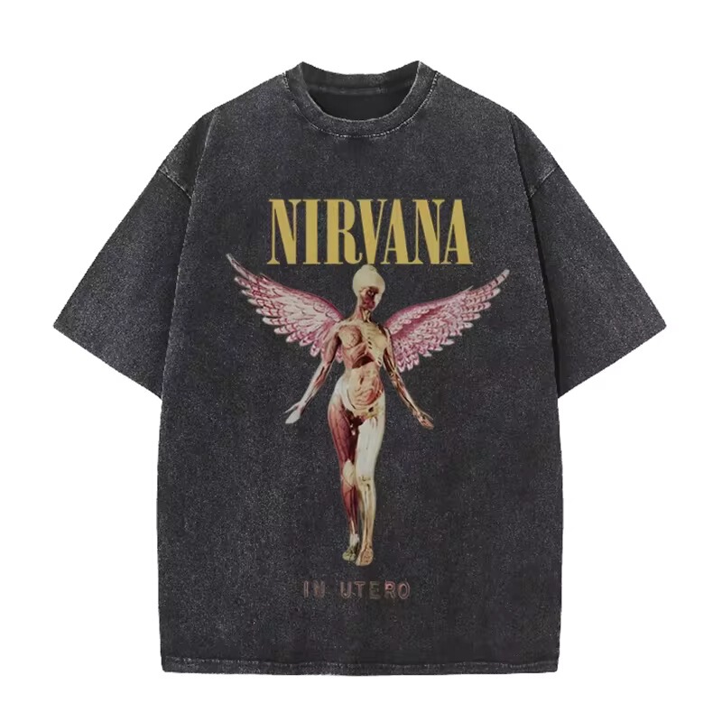 Nirvana Angel in Utero Printed Retro Washed T-Shirt Rock Band Casual Top Nirvana Angel in Utero Printed Retro Washed T-Shirt Rock Band Casual Top