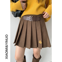 【欧凡】露思同款学院风格纹刺绣章百褶半身裙女冬款毛呢短裙3299