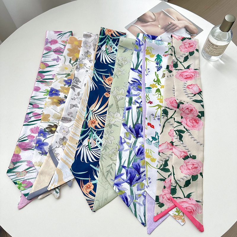 Bandas largas para el cabello de mujeres nuevas flores sencillas y frescas de doble capa de satén pequeño bufandas de cuello larga bufandas de seda flotante
