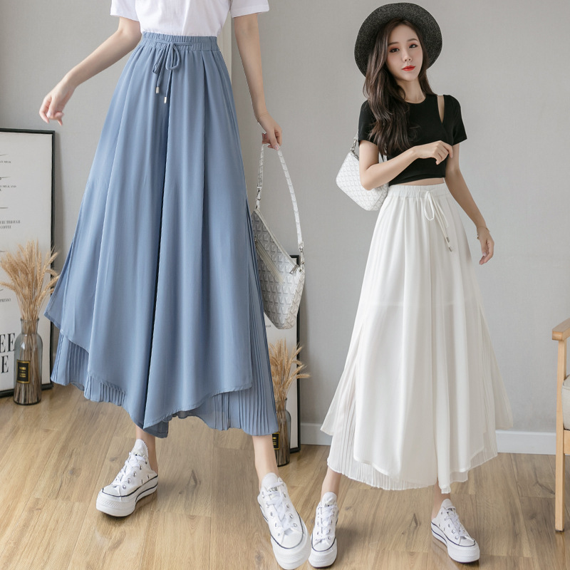 Real Shot Summer New Pleated Chiffon Wide Leg Pants Fashion Slim High Waist Drape Elegant Cropped Culottes for Women