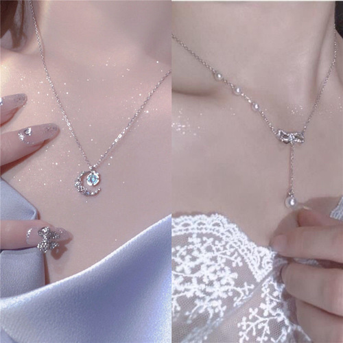 Sparkling and adorable~ Star and moonstone necklace for women, light luxury ins niche design, temperament, gift to girlfriend
