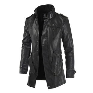2025 Autumn and Winter Velvet Thickeneded Leather Jacket Mid-Length Stand Collar Export Cross-Border Men's Pu Leather Black Jacket