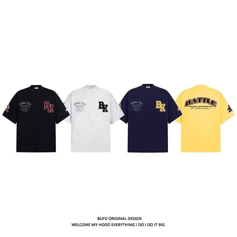 2025 トレンディなレトロアメリカンレター刺繍パーソナライズされたヘビーコットンルーズ Tシャツ男性と女性の半袖カップルトップス|undefined