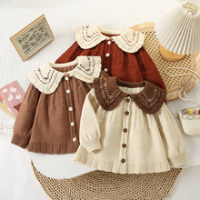 森系女童娃娃领反领毛衣2024新款女宝宝针织开衫韩版洋气百搭外套