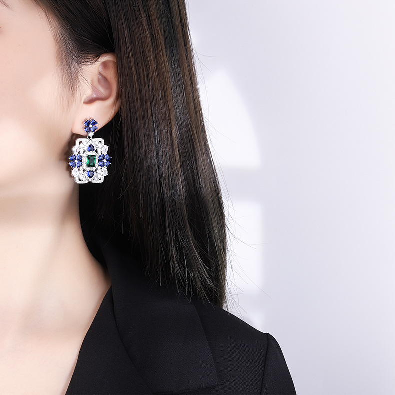 Fashion Square Flower Brass Inlay Artificial Gemstones Drop Earrings 1 Pair