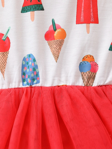 Summer European and American girls princess dress, cute flying sleeves, ice cream print, red mesh stitching, children's dress