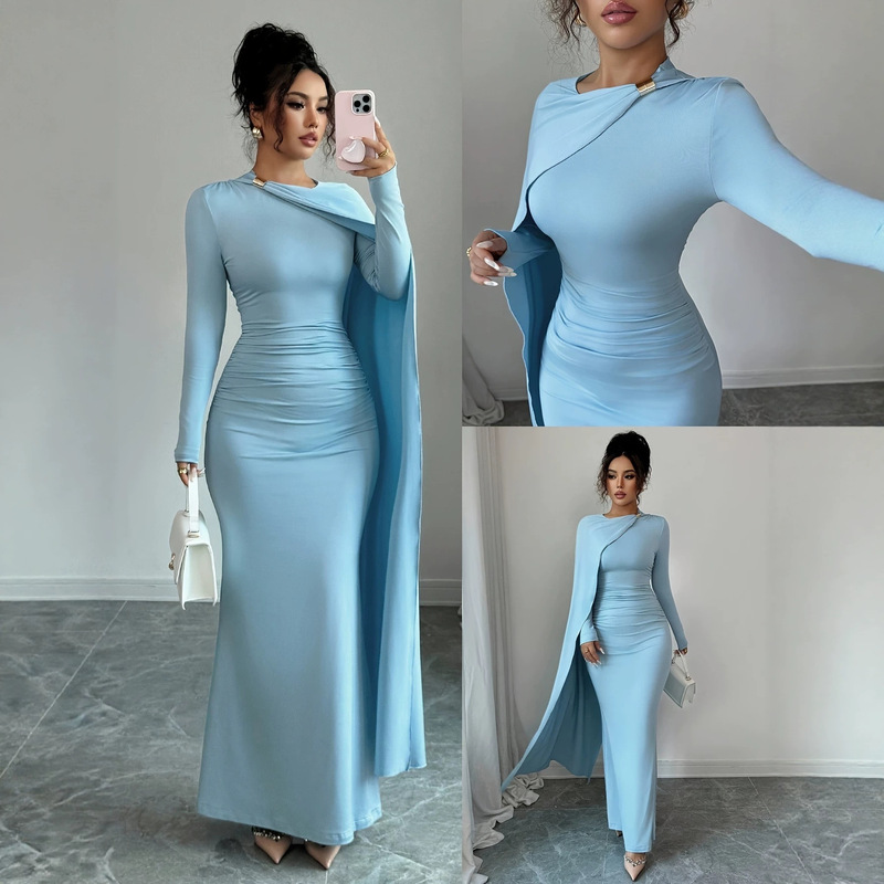 Women's New Autumn and Winter Elegant Sky Blue Versatile Waist-Cinching Pleated Knit Long-Sleeve Long Party Dress Women's New Autumn and Winter Elegant Sky Blue Versatile Waist-Cinching Pleated Knit Long-Sleeve Long Party Dress