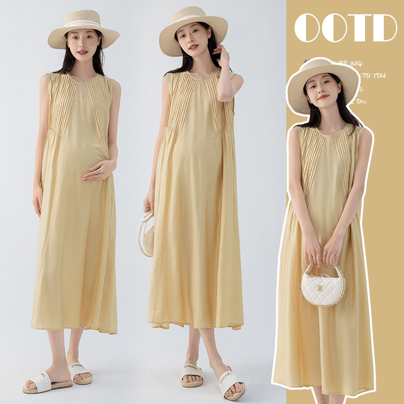 in stock 2024 Real Shot-Pregnant Women Sweet Round dress Summer Fold A- Line Dress