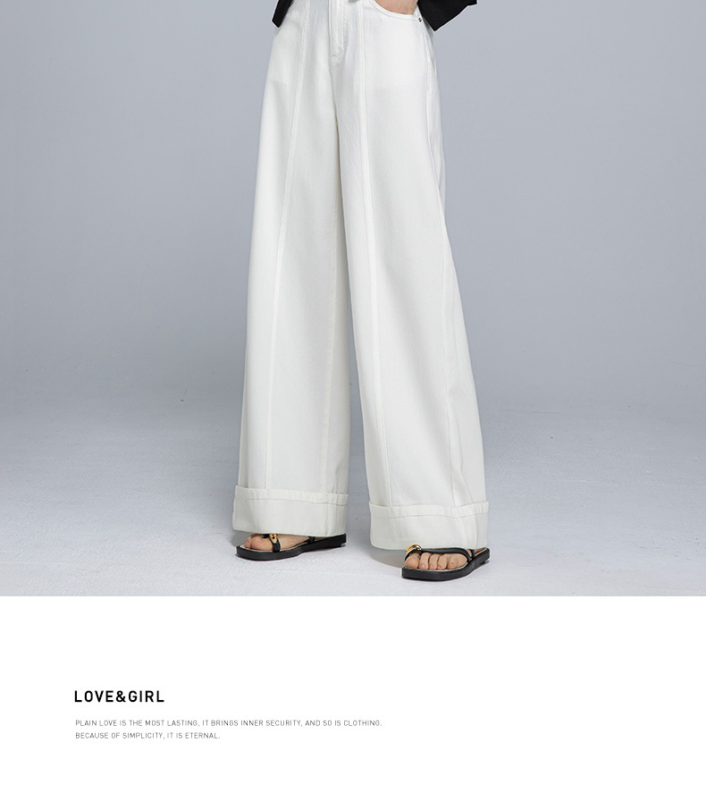 Quần jean ống rộng nữ cạp cao vải Tencel cotton mềm mại, dáng suông rộng, gấu xắn, mỏng nhẹ mùa hè — Màu trắng chi tiết 27