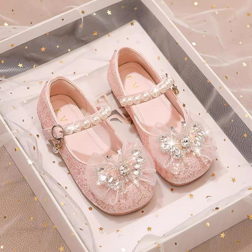 Children's princess shoes, new for spring and autumn, small leather shoes for babies with shiny water pearls, princess style