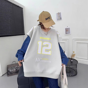 2024 Winter New Korean Style Loose Letter Printing Contrast Color Splicing Sleeve fleece-lined Sweaters Women's All-match Fake Two-piece Top