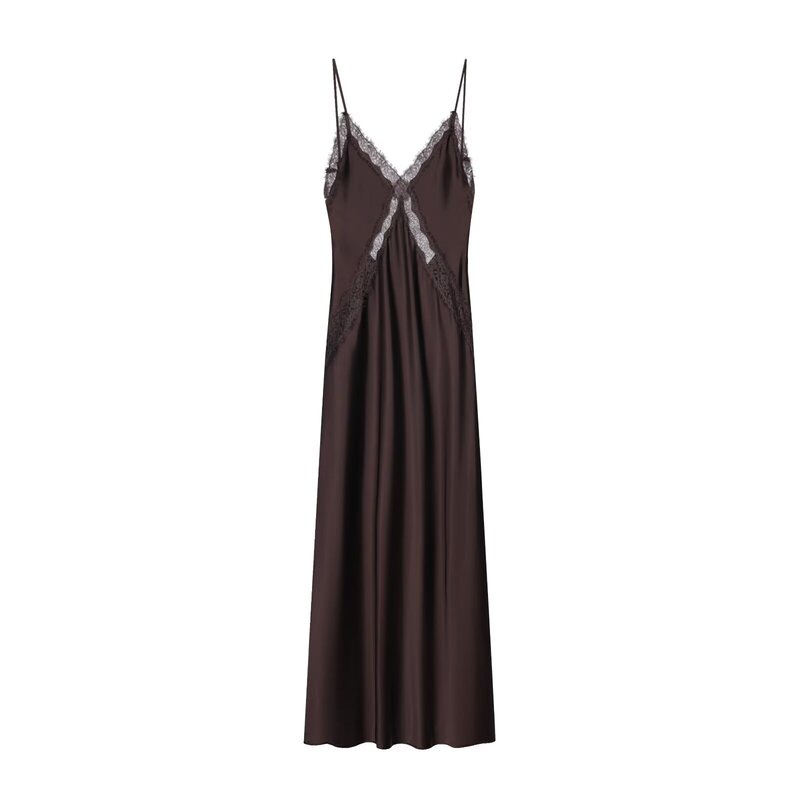 Cross-Border Women's Clothing 2025 New European and American Style Sexy Lace Detail Silk Satin Texture Midi Suspender Dress