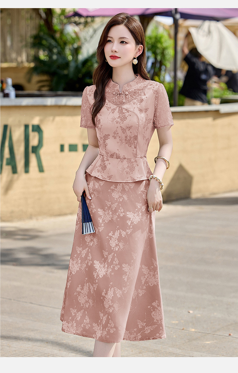 Đầm maxi nữ tân cổ điển cổ đứng đính hạt cườm, phối ren, họa tiết jacquard, thiết kế giả hai lớp LX2625 — xanh lam, Màu hồng chi tiết 25