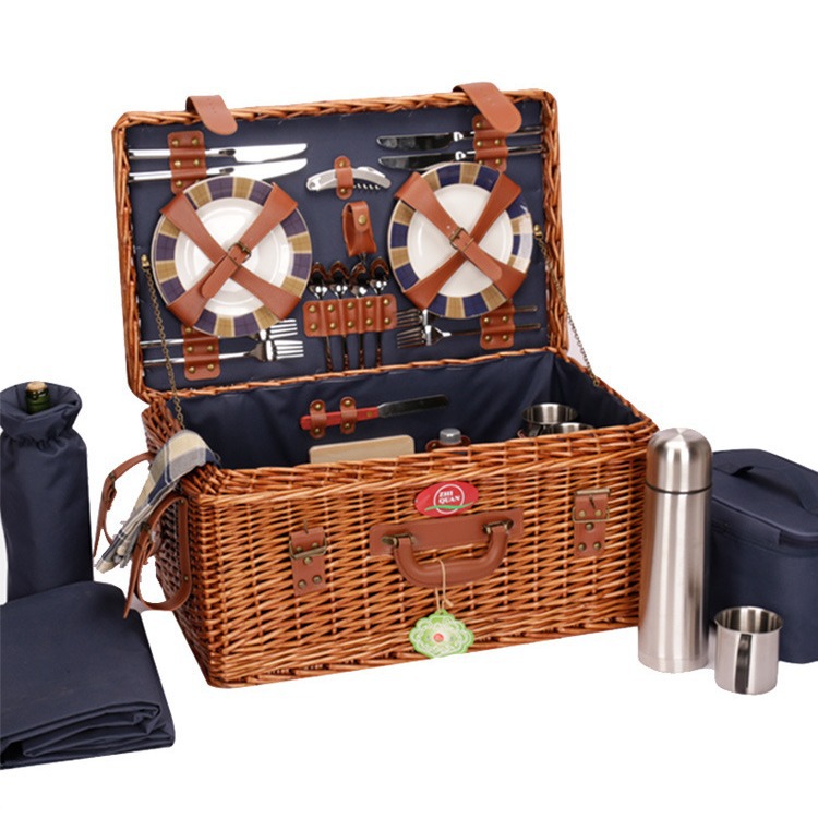 Fábrica en stock de cestas de regalo de alta gama set de sauce al aire libre con cubiertos cojín de mesa cesta de picnic